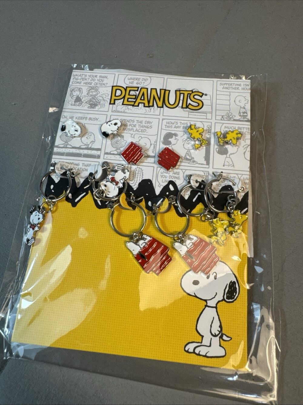 NWT Peanuts Snoopy & Woodstock 6 Pairs of Earrings Doghouse Hoops Happy Dance